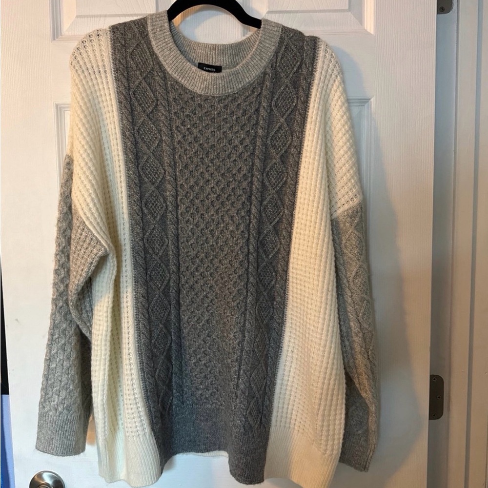 Gray and Cream Colorblock Cable Knit Sweater